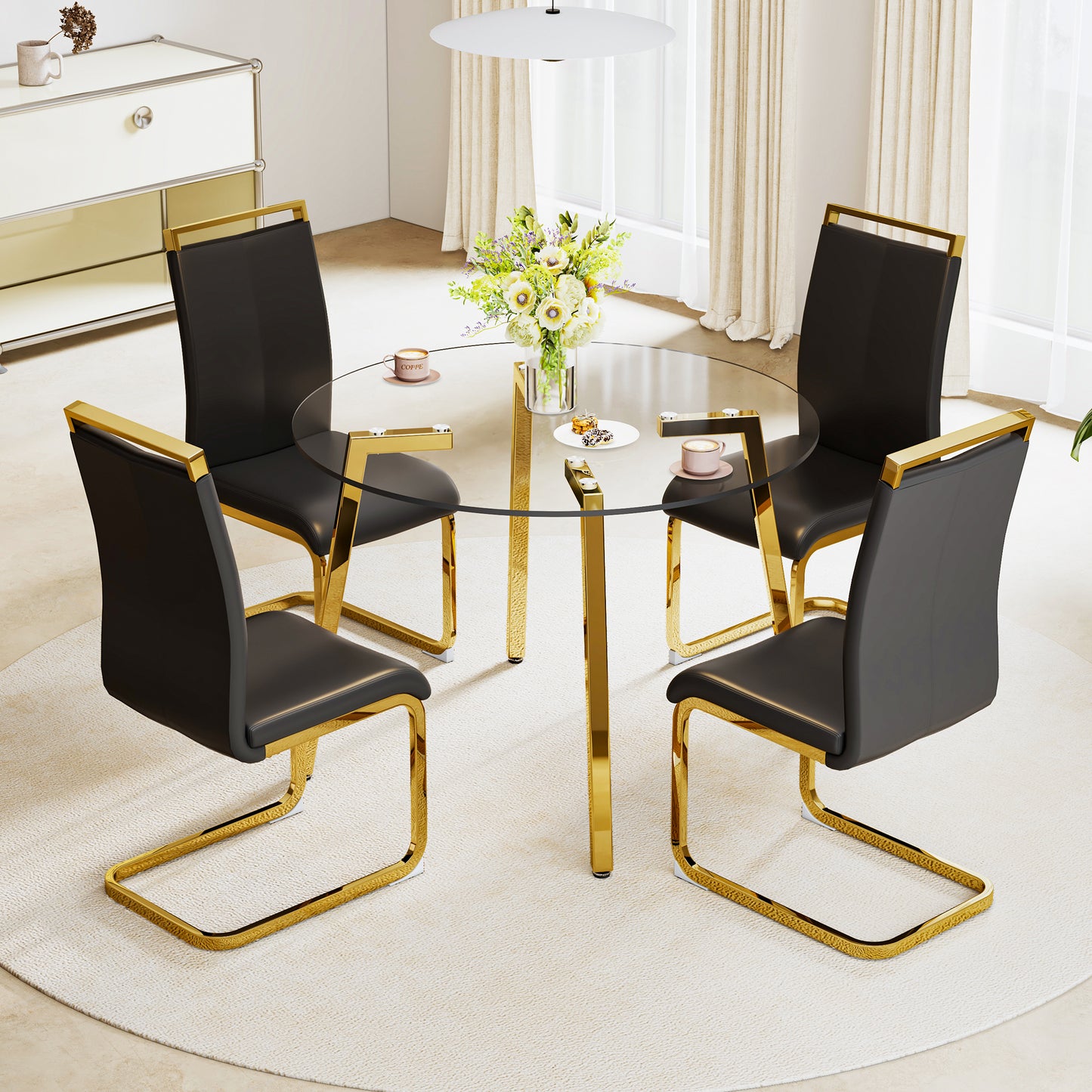 Modern Minimalist Circular Transparent Tempered Glass Table with Golden Metal Legs - Perfect for Kitchen, Dining Room