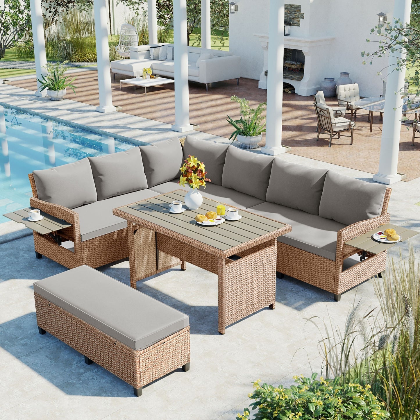 TOMAX Ensemble de canapés d'extérieur en rotin 5 pièces, ensemble de meubles de jardin sectionnels en osier PE en forme de L avec 2 tables d'appoint extensibles, table de salle à manger et housses lavables pour jardin, bord de piscine, intérieur, marron