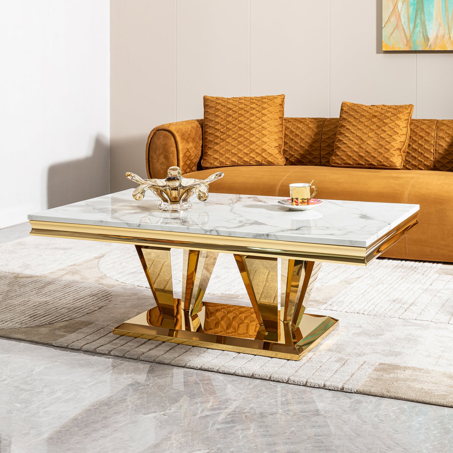 58.18" Modern Rectangular 0.78" Thick MDF Marble Pattern Top, Coffee Table Stainless Steel Base with Gold Mirror Finish