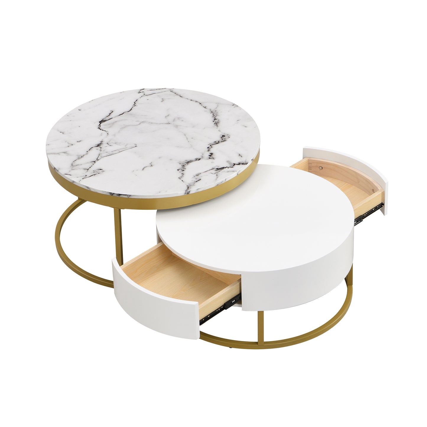 Modern Round  Nesting Coffee Table with Drawers in White