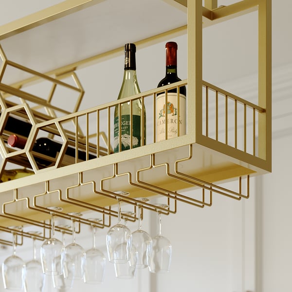 38'' Metal Hanging Wine Rack Golden Bar Shelf Floating Wine Glass Holder