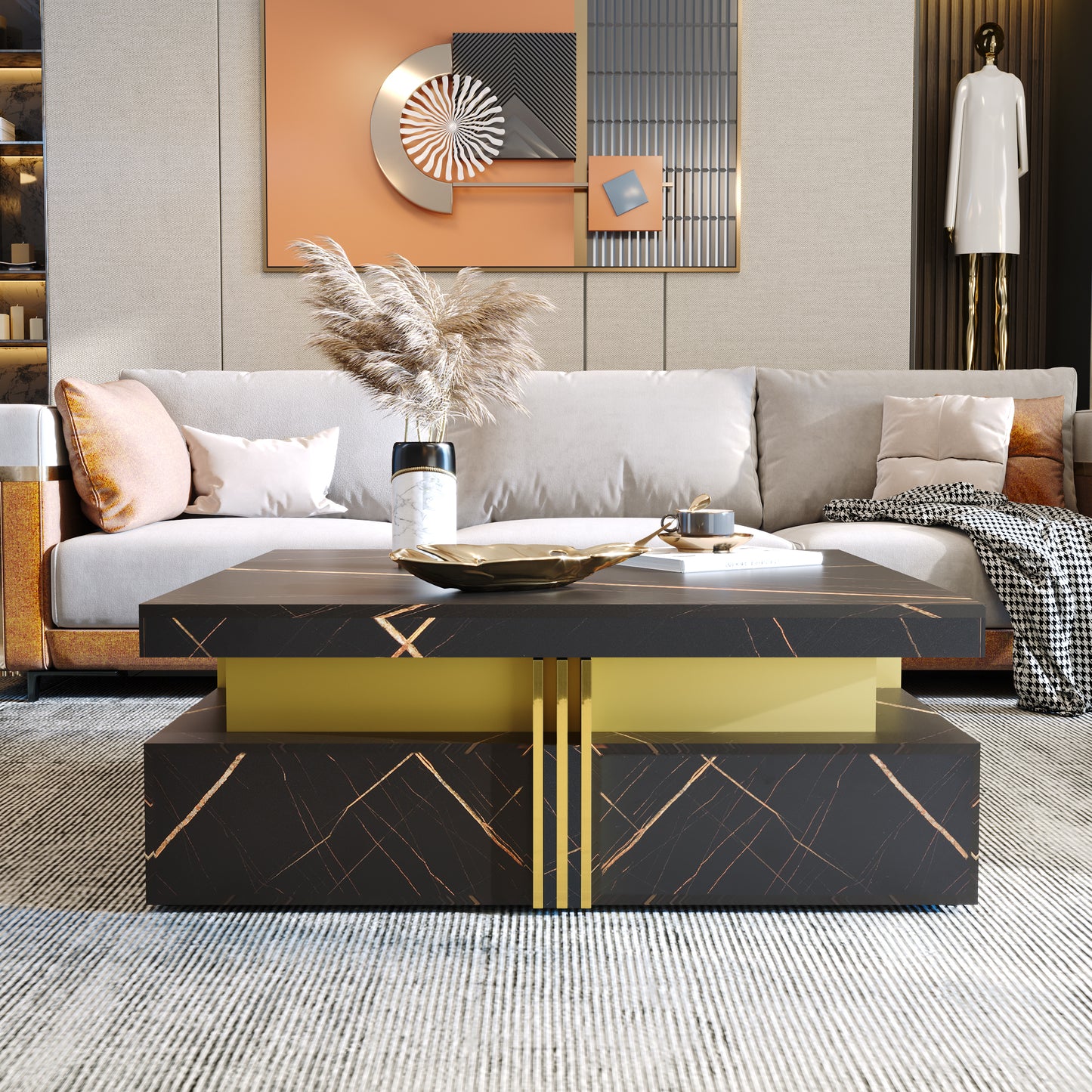 Modern Black Square Storage Coffee Table With 4 Drawers