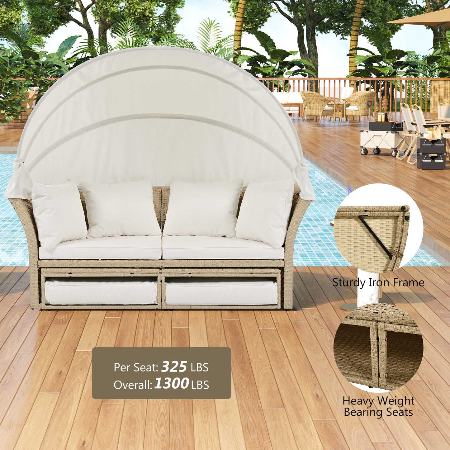 Outdoor Patio Daybed Wicker Rattan Double Daybed Round Sofa Furniture Set with Retractable Canopy, 4 Pillows for Lawn Garden Backyard Porch Pool, Beige