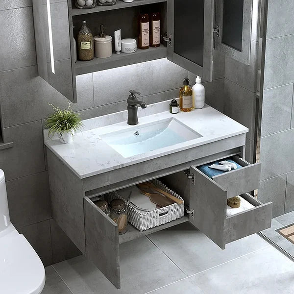 Meuble-lavabo flottant de 36 po avec lavabo vasque en faux marbre fixé au mur