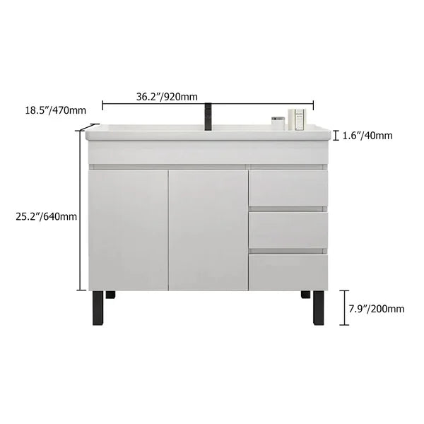 36 Inch Modern White Bathroom Vanity Ceramics Single Sink Freestanding with 3 Drawers