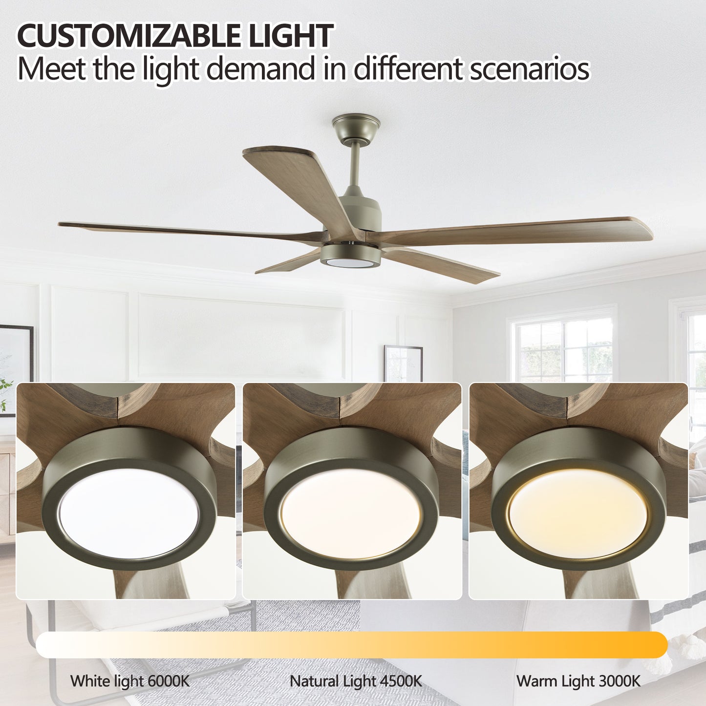 60" Modern Wood Ceiling Fan with Light and Remote Control,6-Speed Noiseless Reversible DC Motor, Ceiling Fan for Kitchen Dinning Living Room