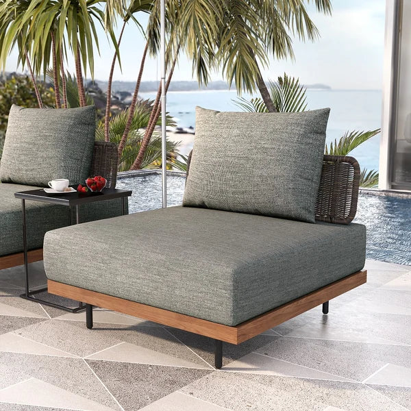8Pcs Teak & Aluminum & Rattan Outdoor Sectional Sofa Set with Coffee Table and Cushion#O-Gray