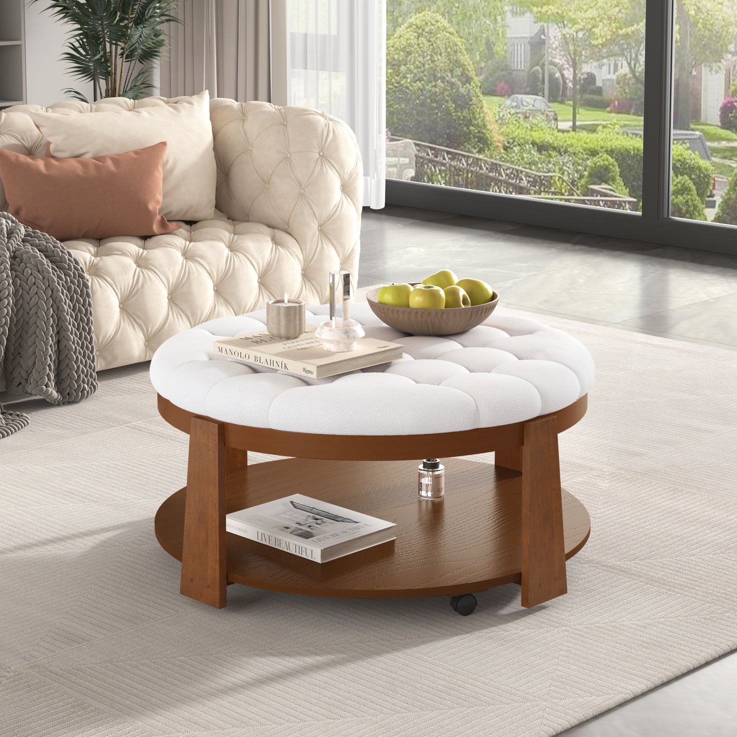 Modern Large Round Ottoman Coffee Table 2-Tier Oversized Button Tufted Ottoman with Wood Shelf Storage Upholstered Coffee Table for Living Room Footrest Ottoman with wheel, waterproof Linen