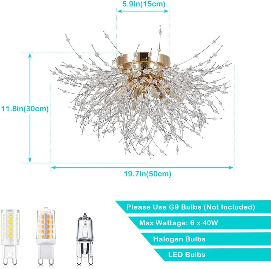 Flush Mount Ceiling Lights, Modern Gold Crystal Sputnik Firework Close to Ceiling Lamp LED Ceiling Lighting Fixtures for Bedroom Kitchen Island Hallway Entryway Porch Gazebo