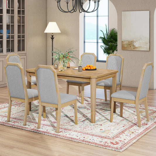 TREXM 7-Piece Farmhouse Dining Set Classic Rustic Table and 6 high-back design Chairs for Dining Room, Kitchen (Natural Wood Wash)