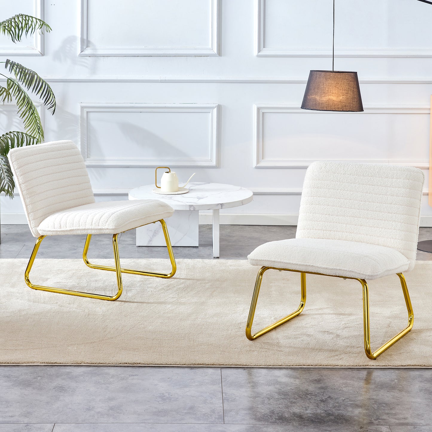 White Minimalist Armless Sofa Chair with Plush Cushion and Backrest - Elegant Design with Golden Metal Legs, Ideal for Offices, Restaurants, Kitchens, and Bedrooms