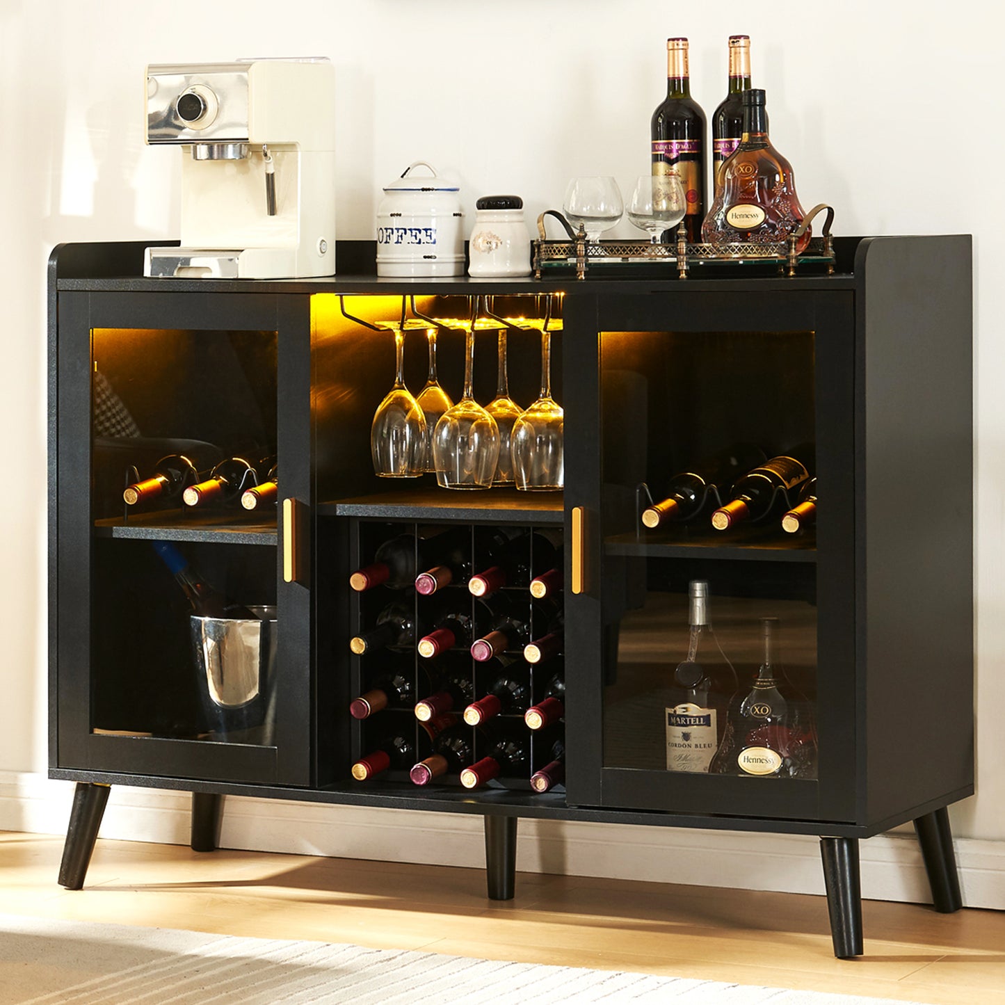 Armoire de bar à vin LED, armoire à café avec support à vin et verres, buffet de cuisine avec étagères de rangement, armoire à alcool autoportante pour salon, salle à manger (noir)