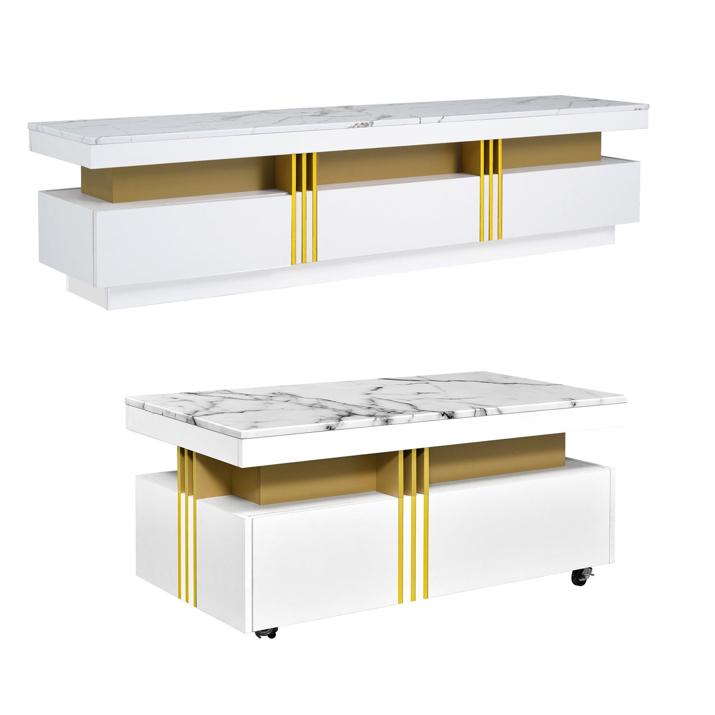 ON-TREND Modern Luxury TV Stand and Coffee Table Set of 2, High Gloss Faux Marble Top, TV Stand for TVs Up to 78'', Rectangle Coffee Table with Caster Wheels for Living Room, White