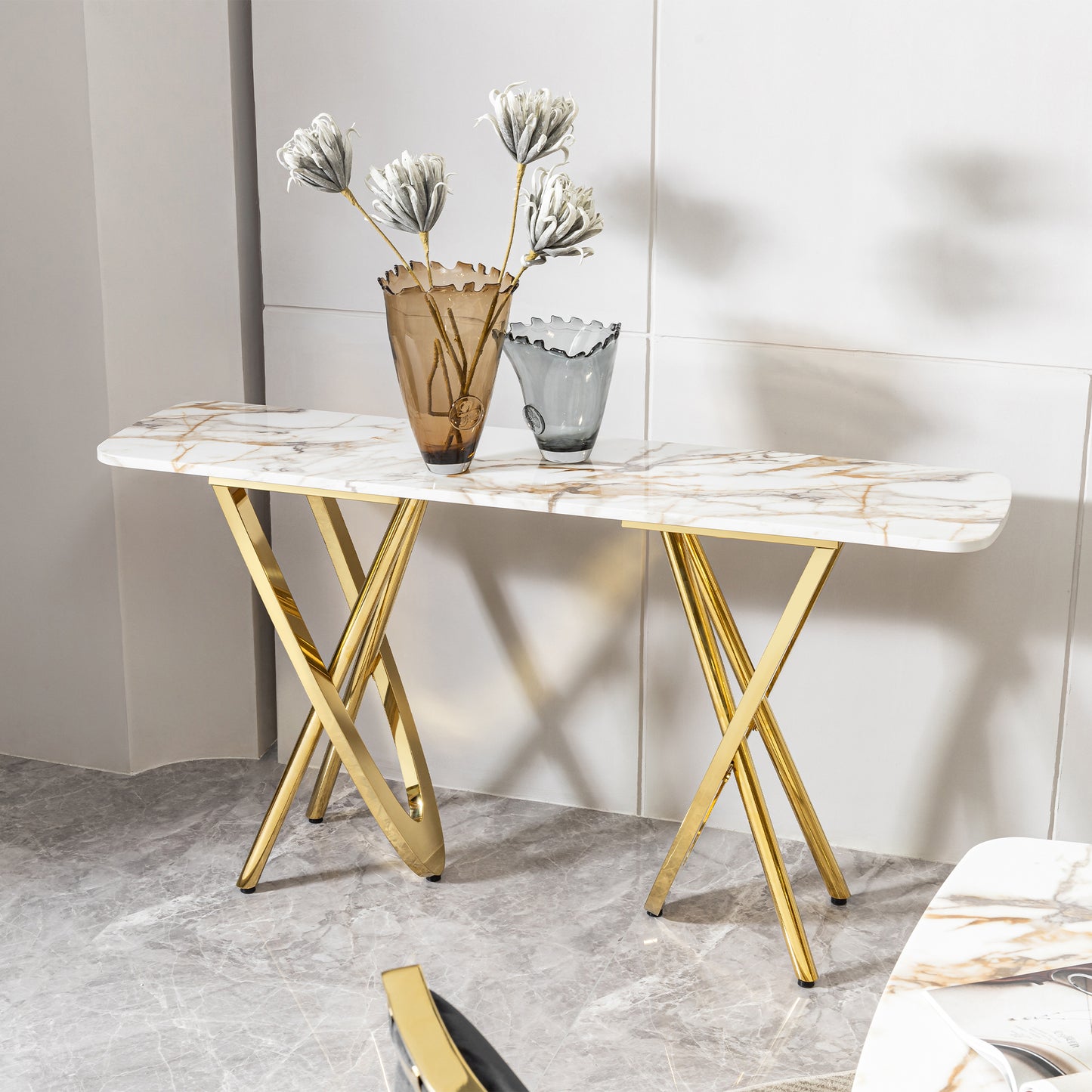 Modern 0.78" thickness marble pattern top mirror gold stainless steel rectangle console table for living room