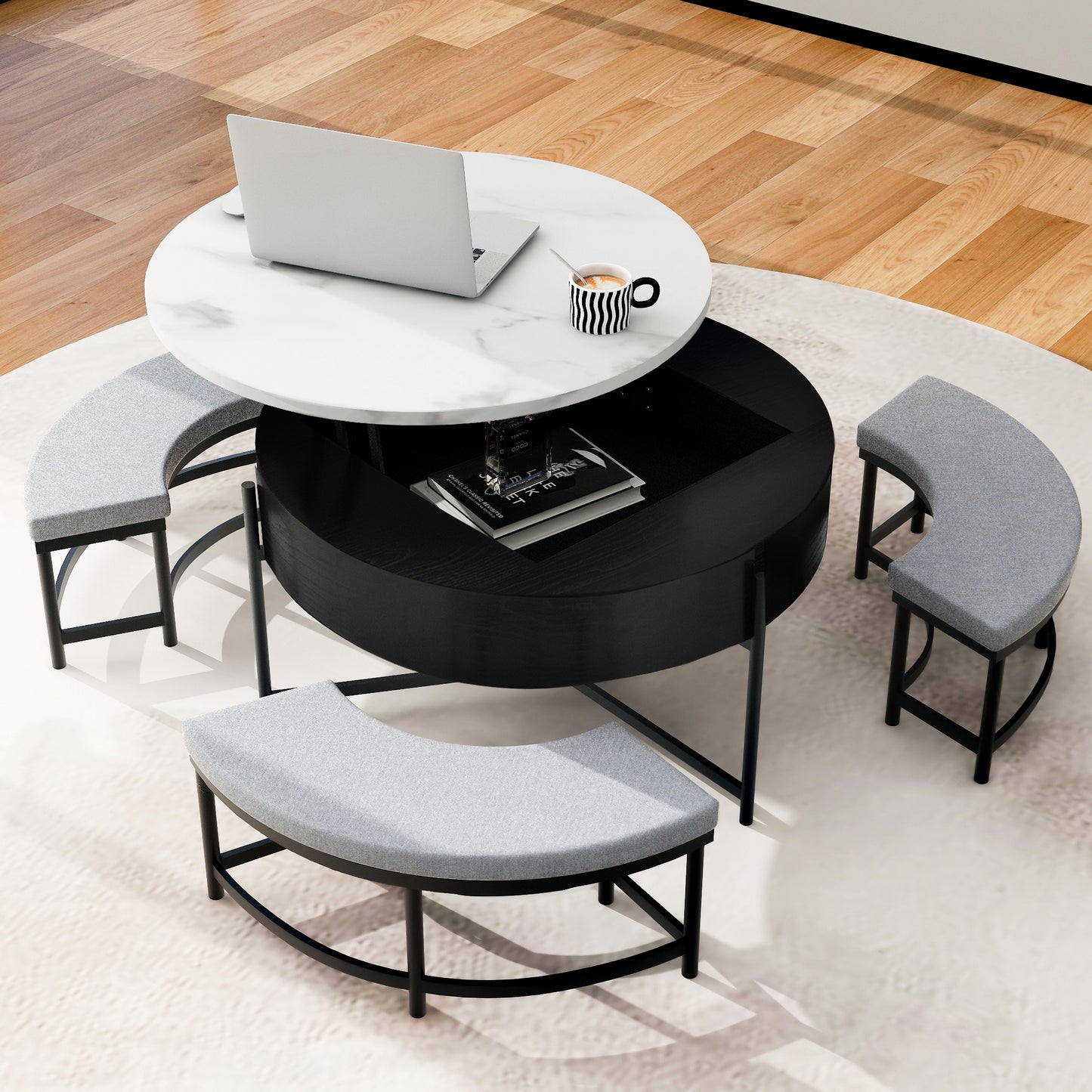 Modern Round Lift-Top Coffee Table with Storage & 3 Ottoman White & Black