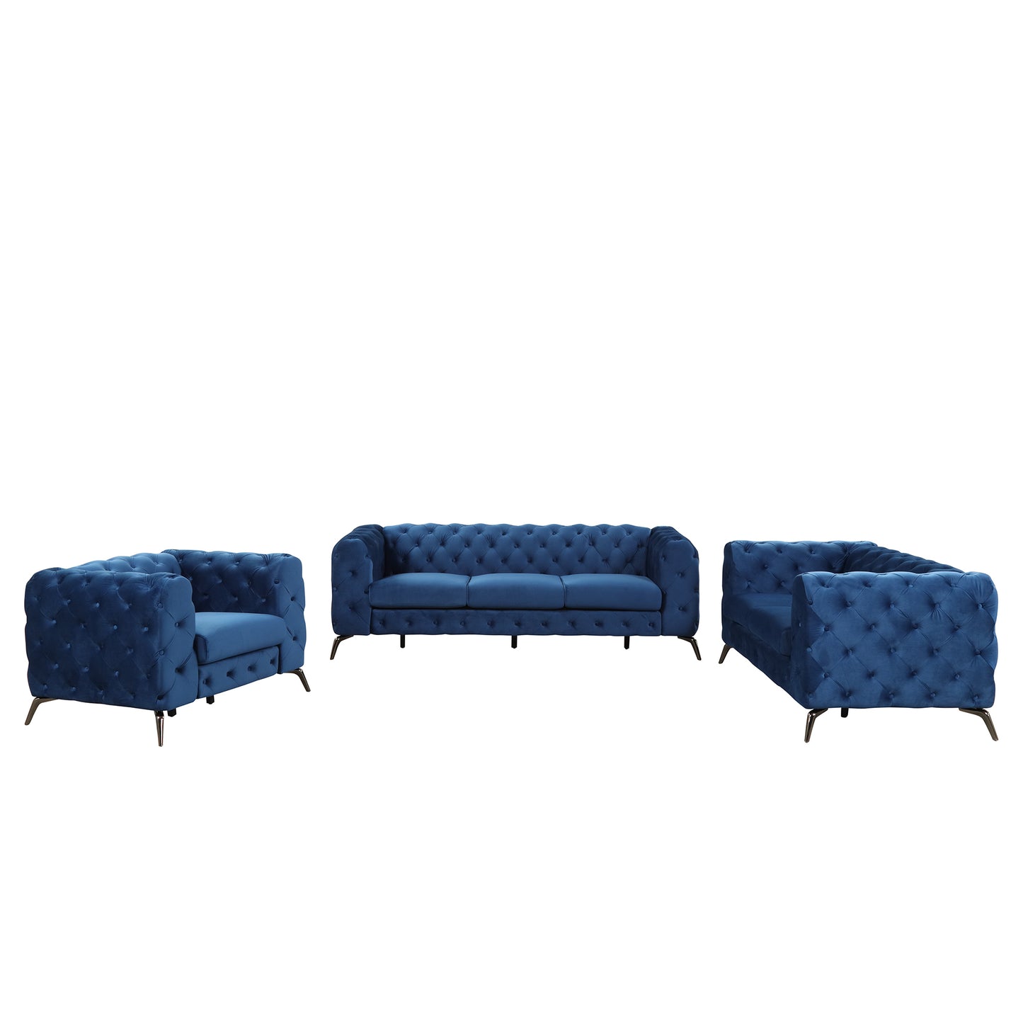 Modern 3-Piece Sofa Sets with Sturdy Metal Legs,Velvet Upholstered Couches Sets Including Three Seat Sofa, Loveseat and Single Chair for Living Room Furniture Set,Blue