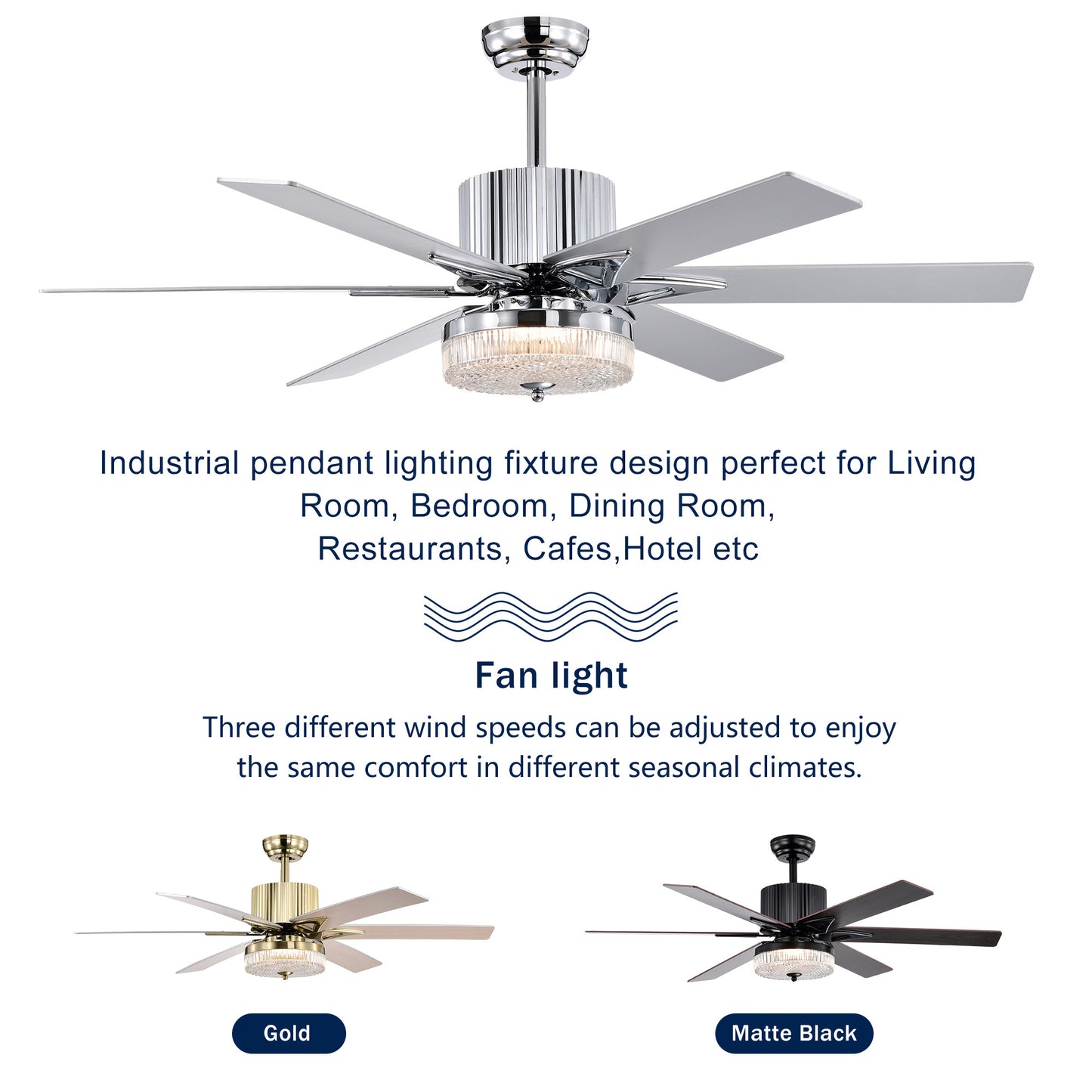 52" Modern Ceiling Fan with Remote - Chrome Finish, Wood Blades, LED Light for Living Room