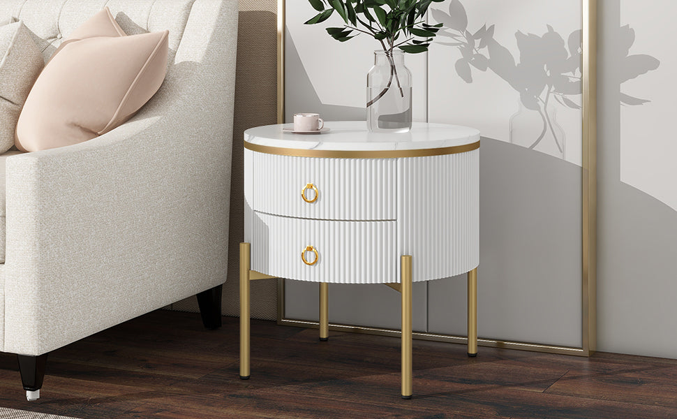 ON-TREND Φ19.6'' Easy Assembly Round End Table with Storage Drawers, Fluted Nightstand with High Gloss Faux Marble Tabletop, Modern Coffee Table with Metal Legs and Handles for Living Room, White