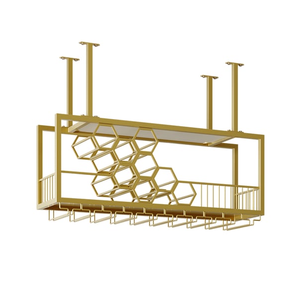 38'' Metal Hanging Wine Rack Golden Bar Shelf Floating Wine Glass Holder