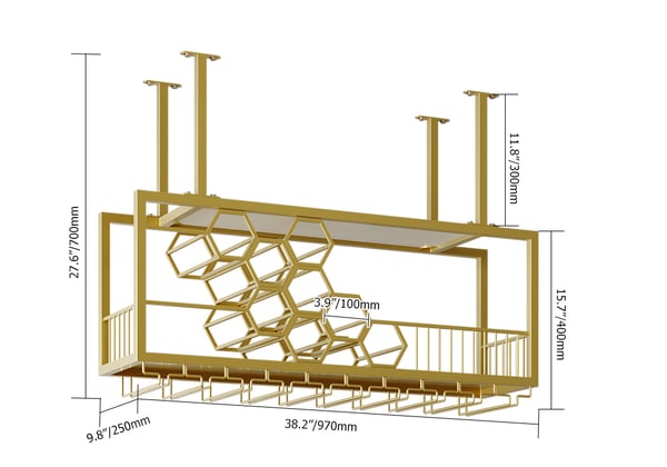 38'' Metal Hanging Wine Rack Golden Bar Shelf Floating Wine Glass Holder