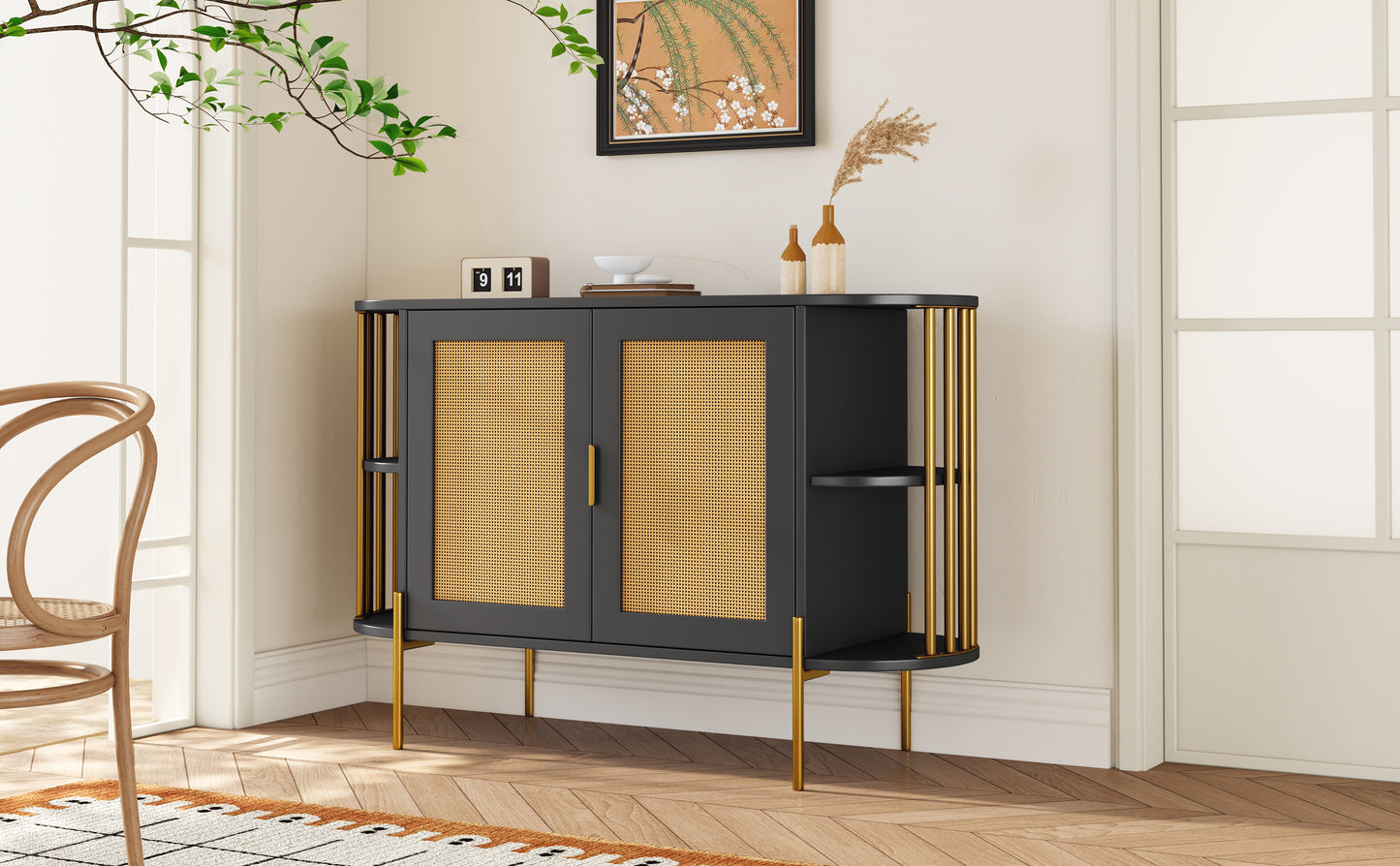 TREXM 2-Door Elegant Curved Dining Cabinet with Gold Trim and Woven Rattan Doors for Dining Room (Black)