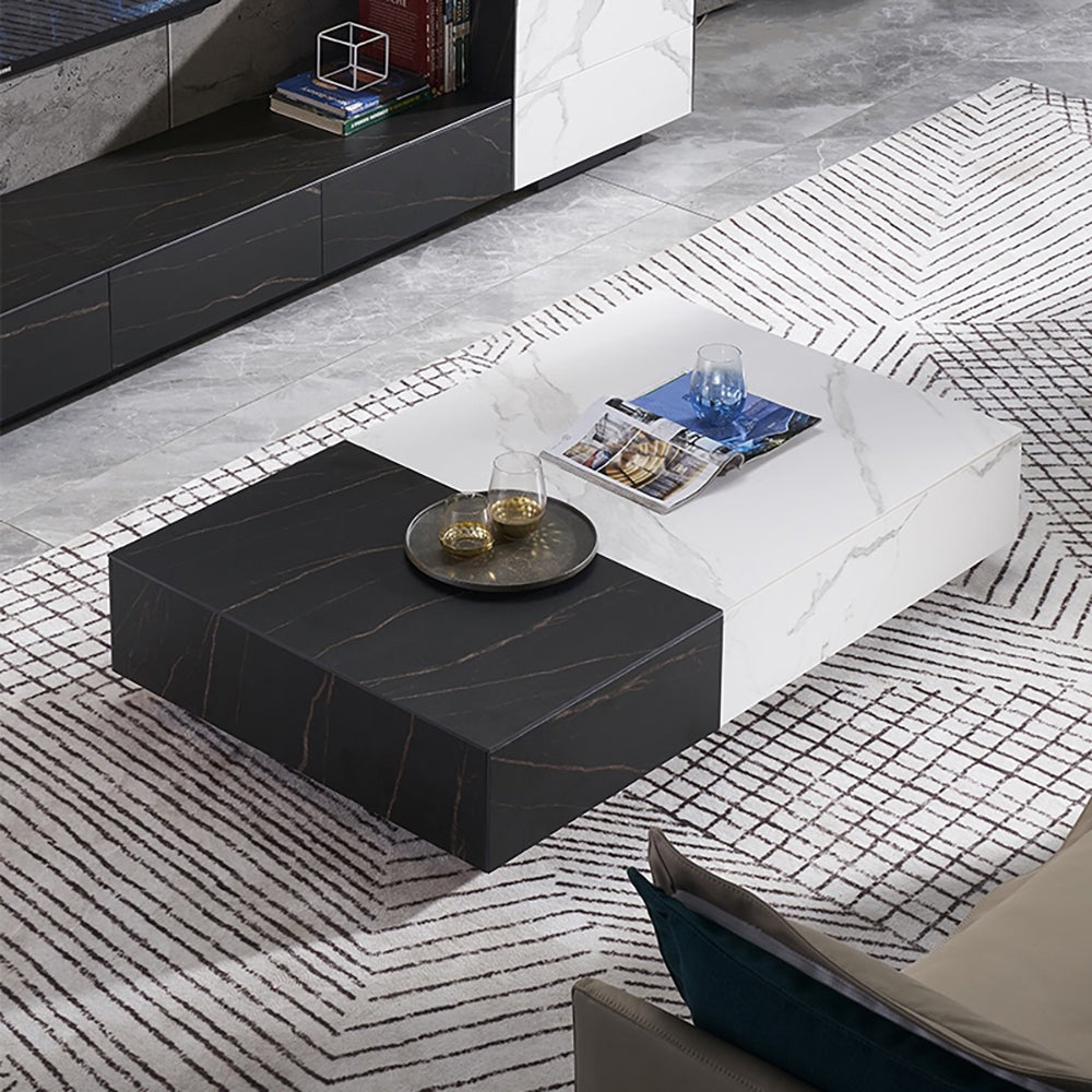 Black & White Coffee Table with Storage Rectangle Sintered Stone Top & Wood Drawers