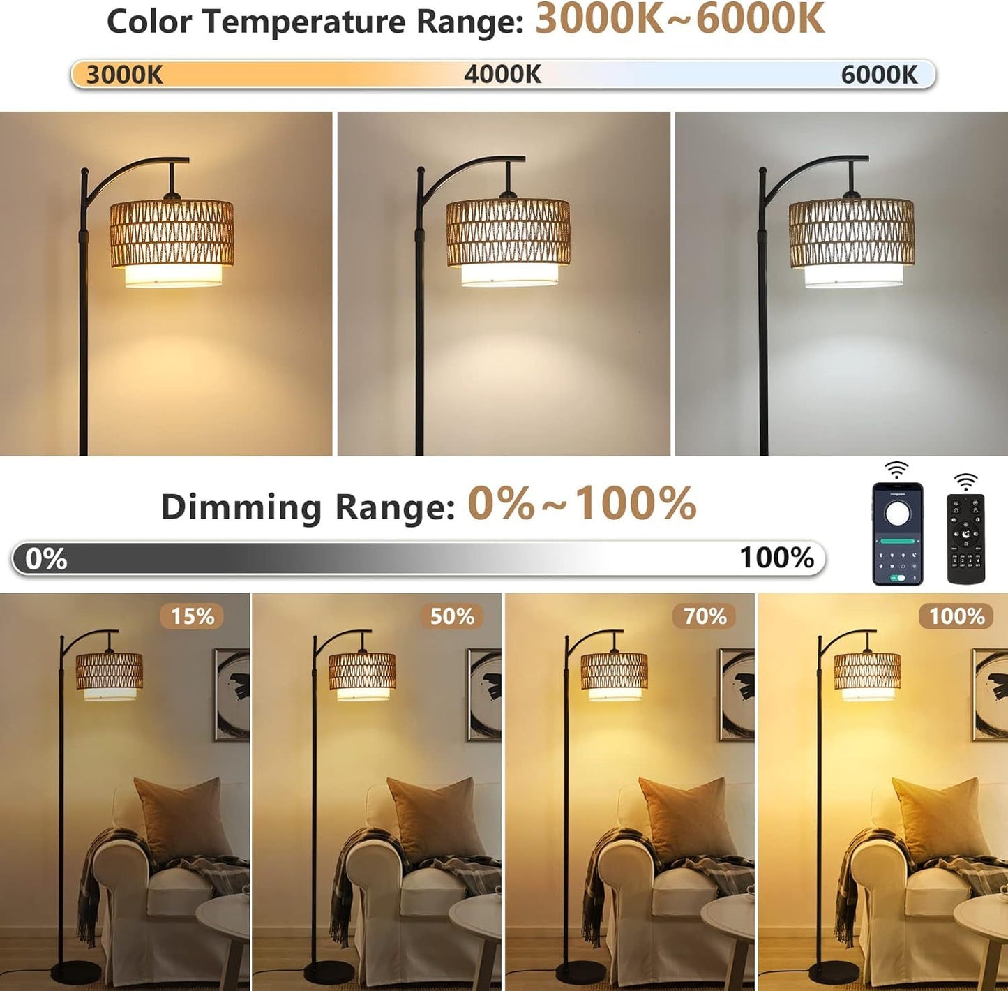 Arc Floor Lamp for Living Room with 3 Color Temperatures, Farmhouse Floor Lamps with Remote & Dimmable Bulb, Boho Standing Lamp with Rattan & Fabric Shades, Adjustable Tall Lamp for Bedroom, Office