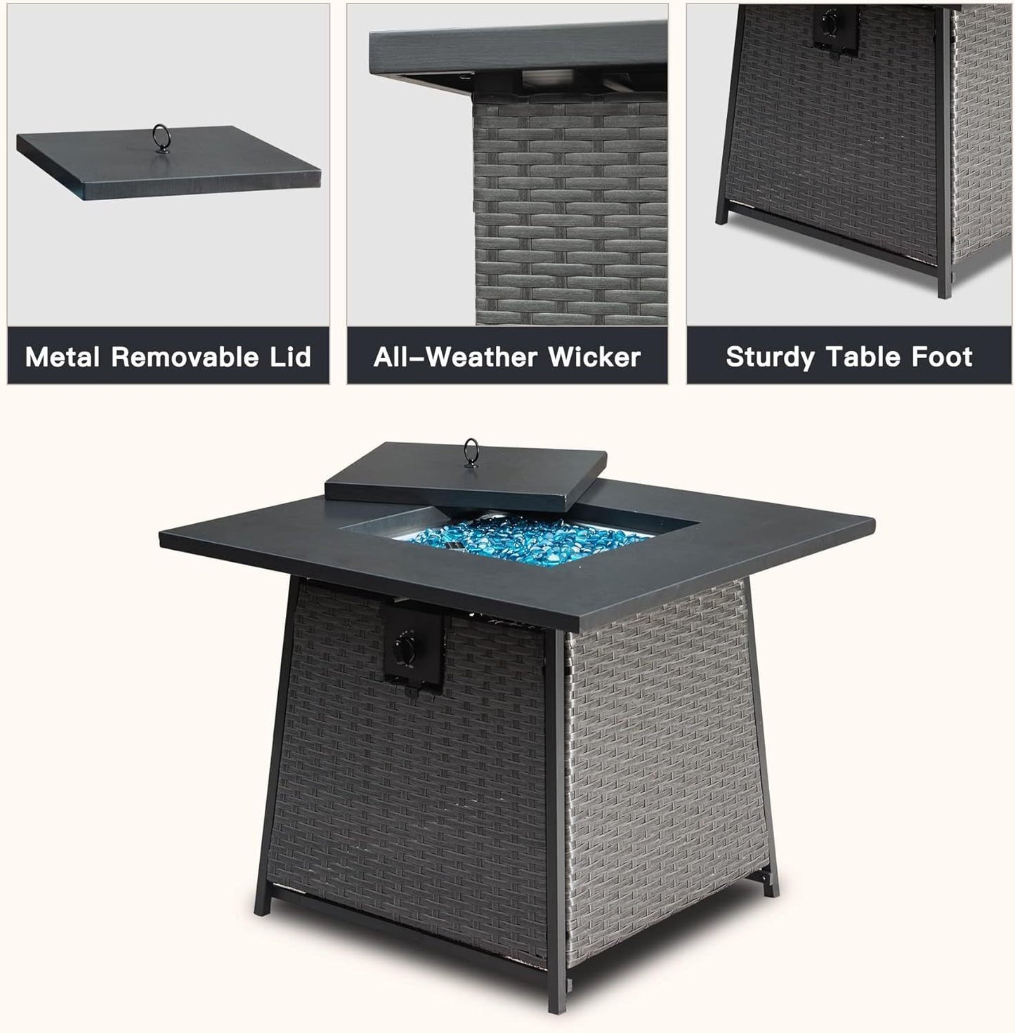32 Inch Propane Fire Pits Table with Blue Glass Ball,50,000 BTU Outdoor Wicker Fire Table with ETL-Certified,2-in-1 Square Steel Gas Firepits (Dark Gray)
