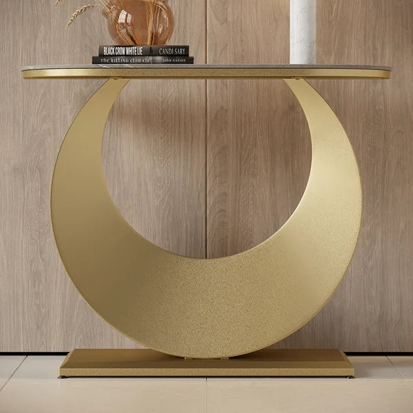 Table console étroite de 39,4 po, table d'entrée en pierre frittée grise avec base en acier demi-lune