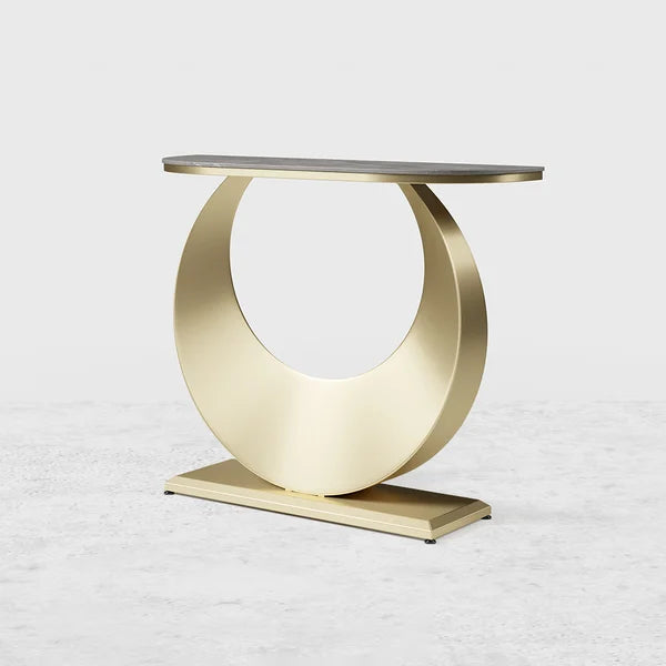 Table console étroite de 39,4 po, table d'entrée en pierre frittée grise avec base en acier demi-lune