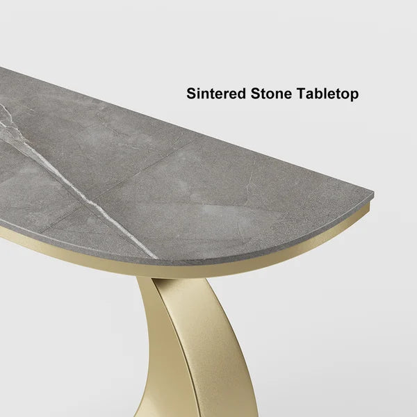 Table console étroite de 39,4 po, table d'entrée en pierre frittée grise avec base en acier demi-lune