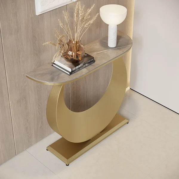 Table console étroite de 39,4 po, table d'entrée en pierre frittée grise avec base en acier demi-lune