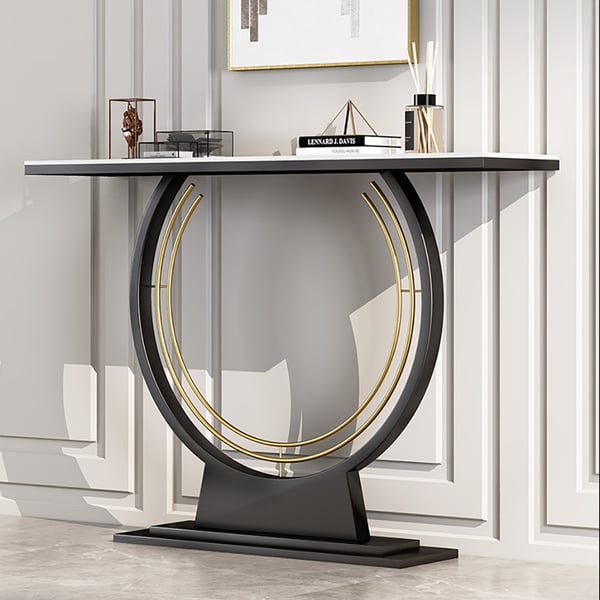 Table console rectangulaire moderne en pierre frittée en noir, blanc et or