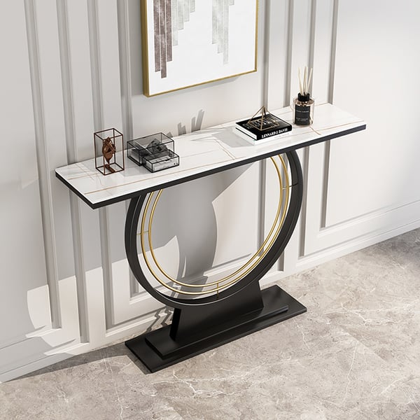 Table console rectangulaire moderne en pierre frittée en noir, blanc et or