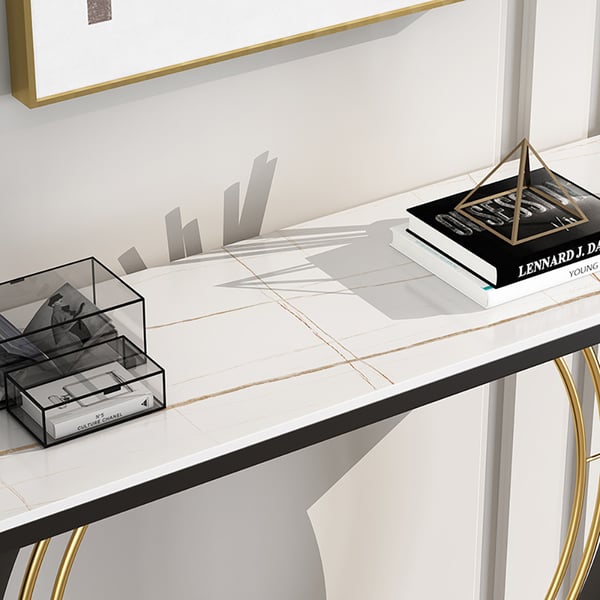 Table console rectangulaire moderne en pierre frittée en noir, blanc et or