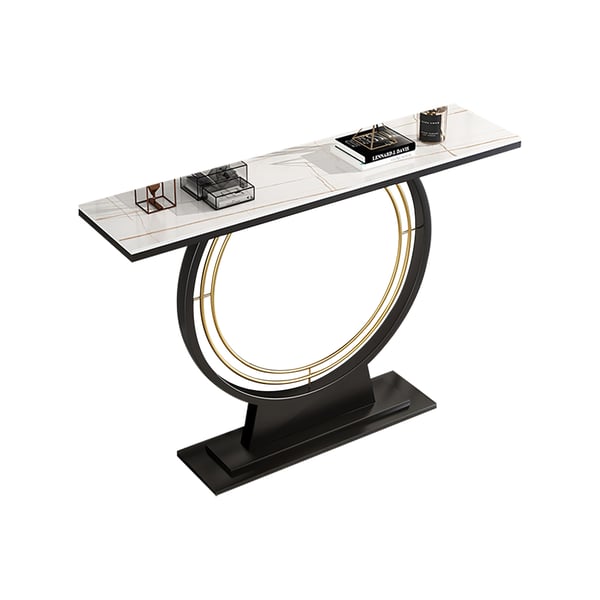 Modern Rectangular Sintered Stone Top Console Table in Black & White & Gold