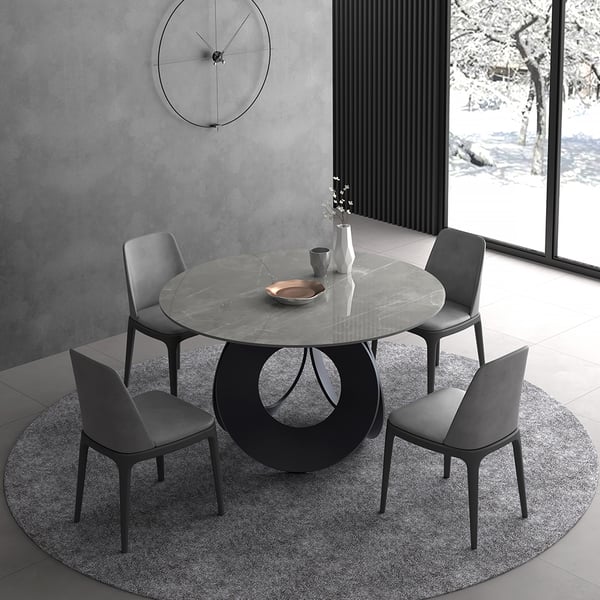 51" Round Gray Dining Table with Stone Top & Carbon Steel Base