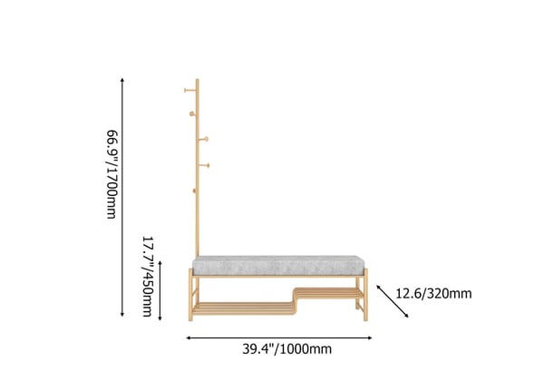 Banc d'entrée gris de 39 po et porte-manteau, banc de rangement pour chaussures en velours avec porte-manteau