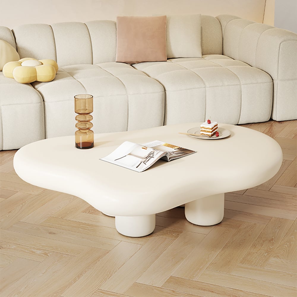 39 Inches Modern Matte Wood Abstract Coffee Table in Off White with 4 legs