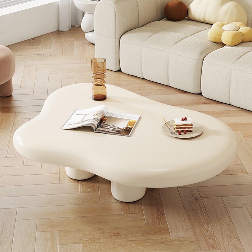 39 Inches Modern Matte Wood Abstract Coffee Table in Off White with 4 legs