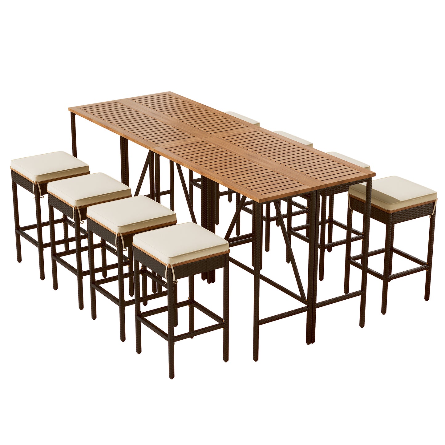 GO Table de bar d'extérieur en bois d'acacia 10 pièces et huit tabourets avec coussins, table de salle à manger de jardin en rotin PE, plateau pliable, ensemble bistro de salle à manger haute, meubles de patio toutes saisons, marron