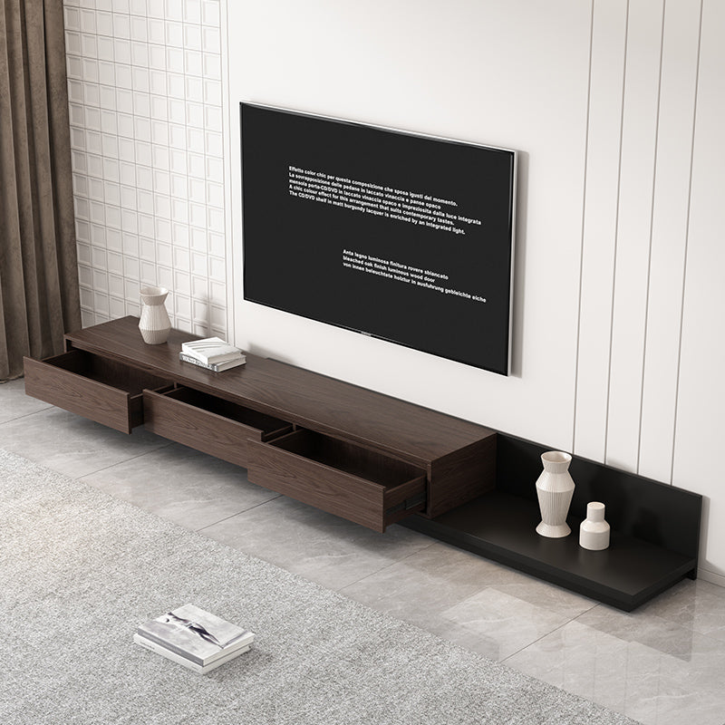 Walnut and Black Modern Minimalist Retractable TV Stand Extendable Media Console with 3 Retracted Drawers Up to 120
