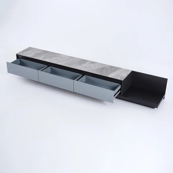 Modern Black Extendable Stone and Wood TV Stand with 3 Drawers Up to 120 Inches