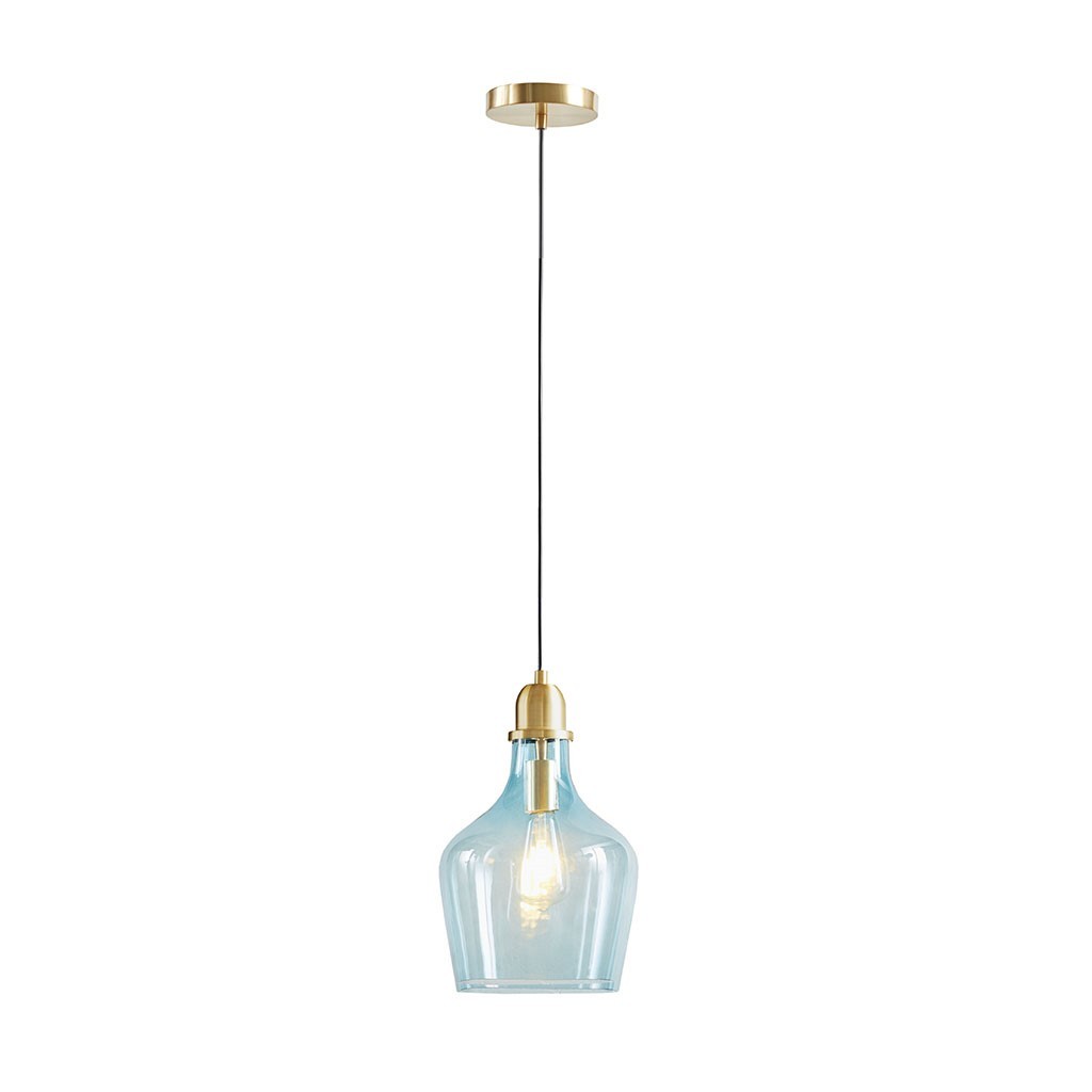 Bell Shaped Glass Pendant In Gold Finish Blue Shade