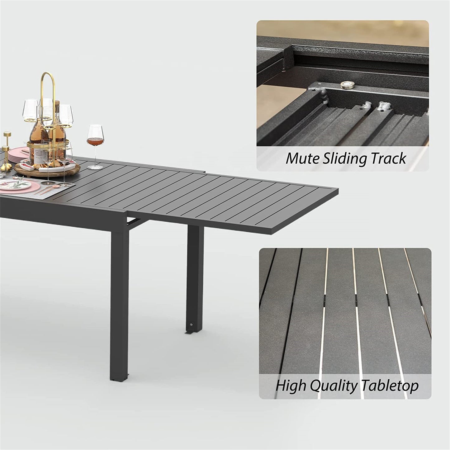 Table de salle à manger extensible en métal et aluminium pour 6 à 8 personnes, table rectangulaire pour jardin, pelouse, porche, bistro (noir, 1 table)