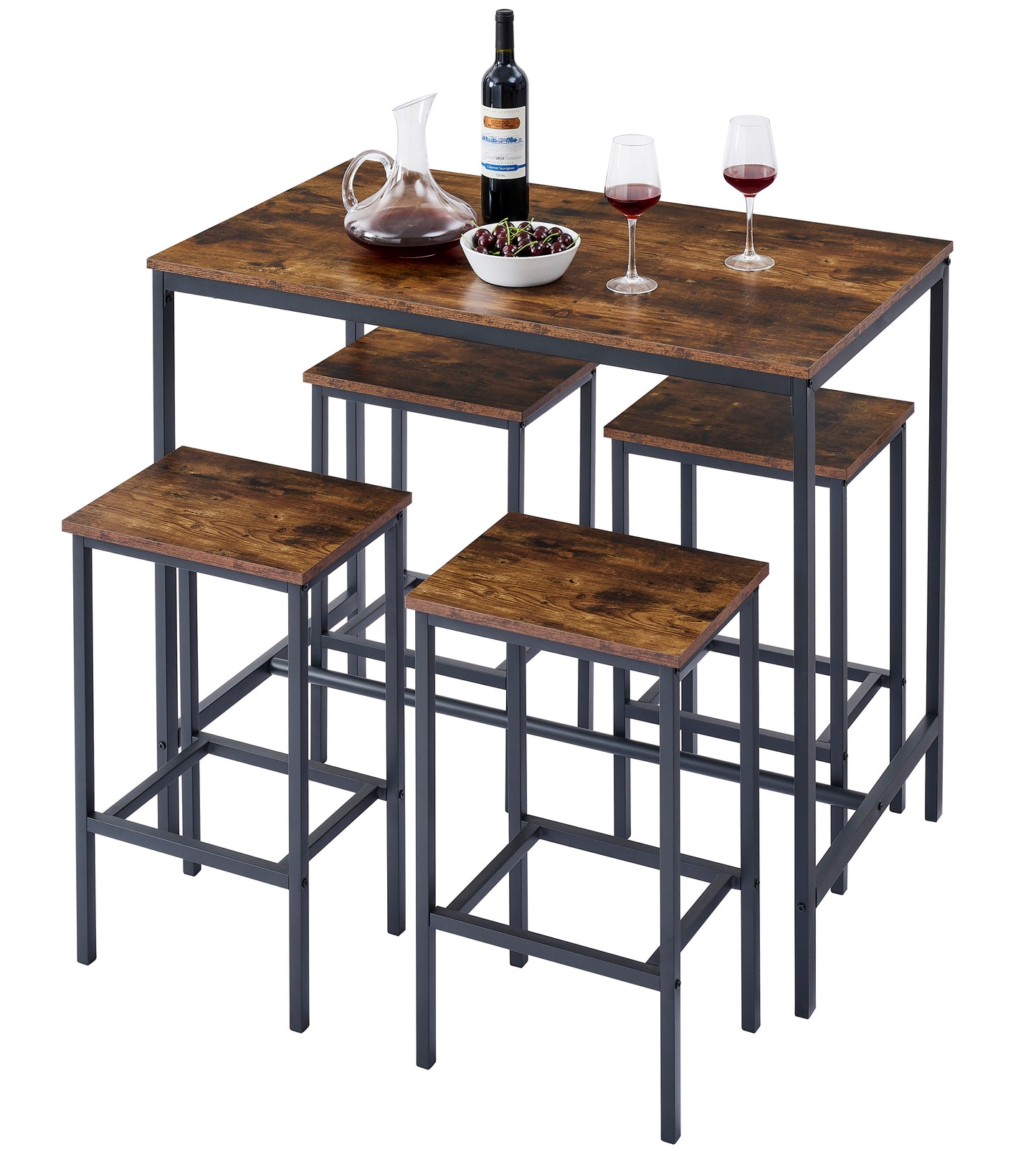 5PC Dinging table set with high stools, structural strengthening, industrial style. Rustic Brown,41.73"L x 23.62"W x 35.23"H