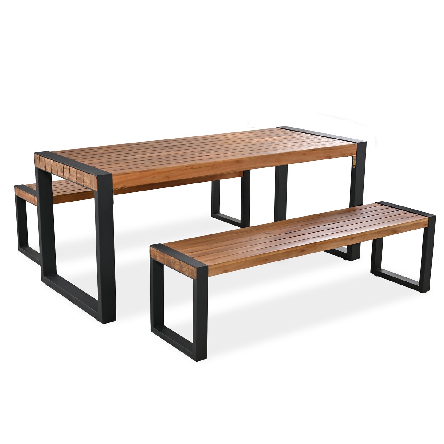 3-Piece Outdoor Dining Set: Acacia Wood Table & 2 Benches with Unique Texture, Durable Steel Frame for All-Weather Use