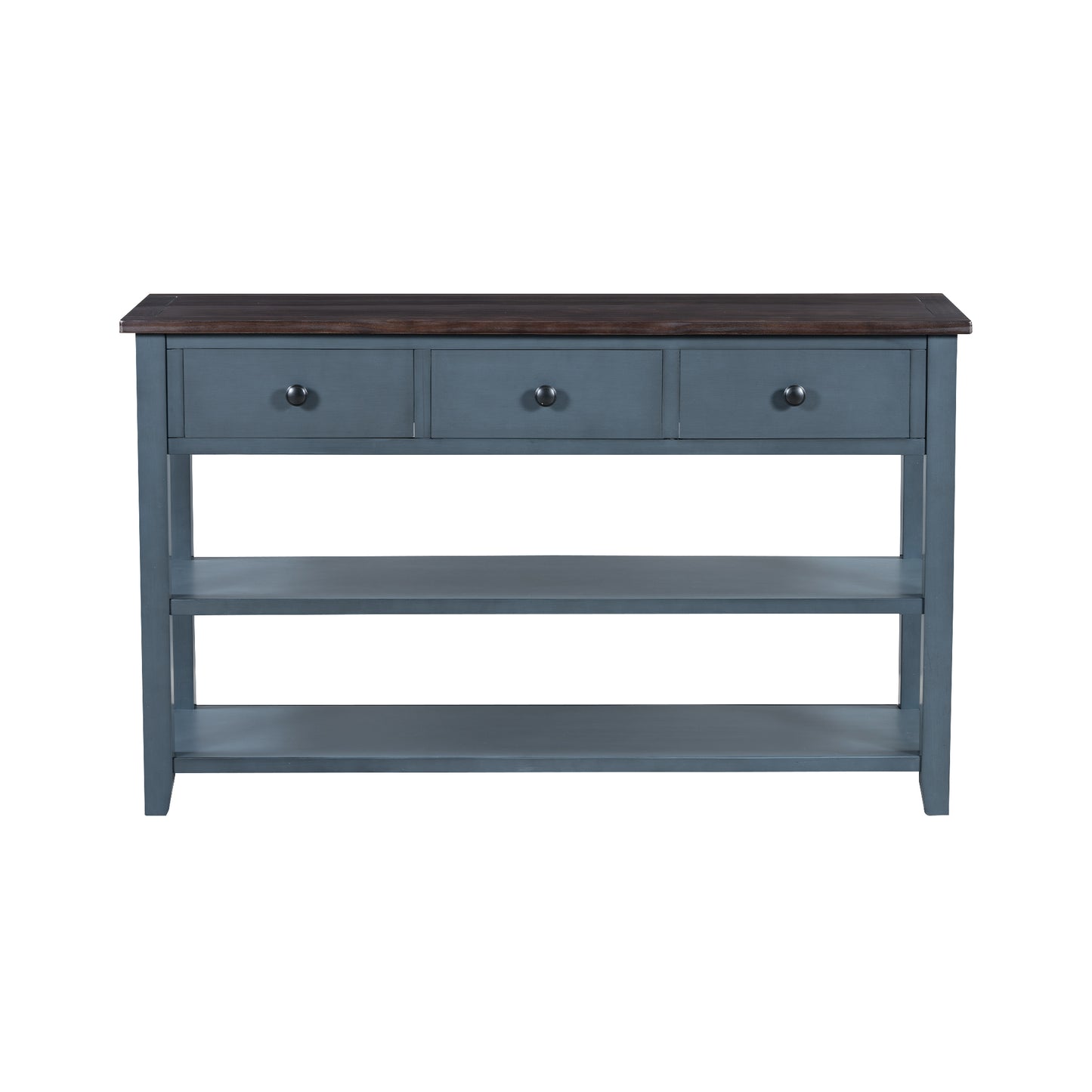 TREXM Retro Design Console Table with Two Open Shelves, Pine Solid Wood Frame and Legs for Living Room (Antique Navy+Espresso)