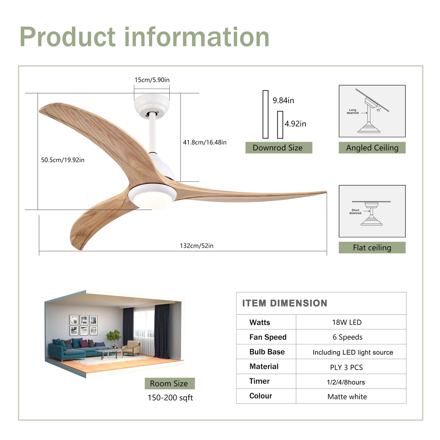 52" Matte White Ceiling Fan with Light & Remote Control - Noiseless Reversible Motor for Indoor/Outdoor Use