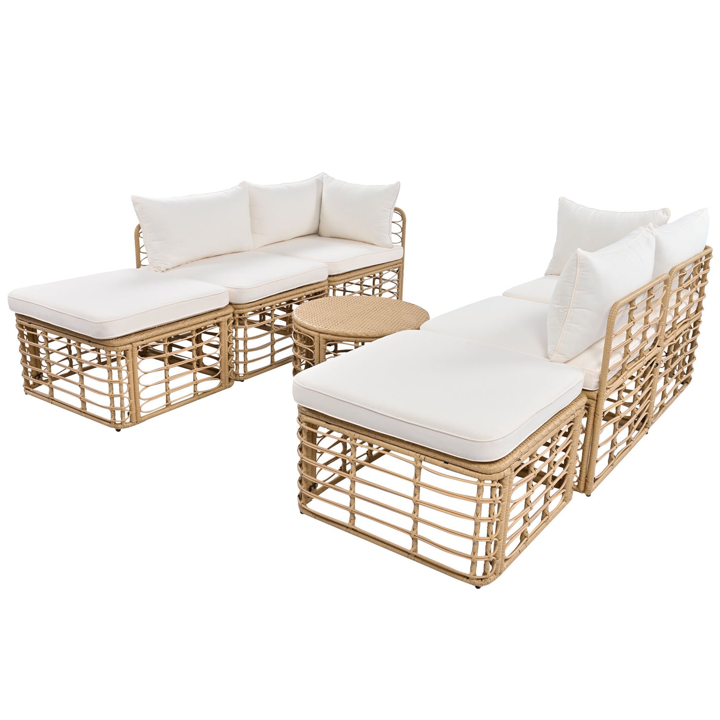 7-Piece Outdoor Patio Furniture Set: All-Weather Rattan Sectional Sofa with Thick Cushions and Pillows, Versatile Conversation Set for Garden, Backyard, and Balcony in Beige